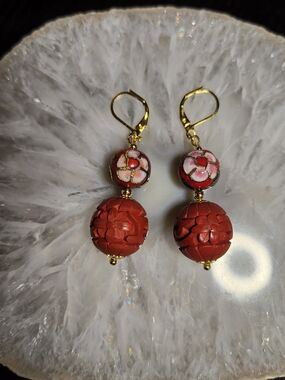 Red Cinnabar And Cloisonne Earrings